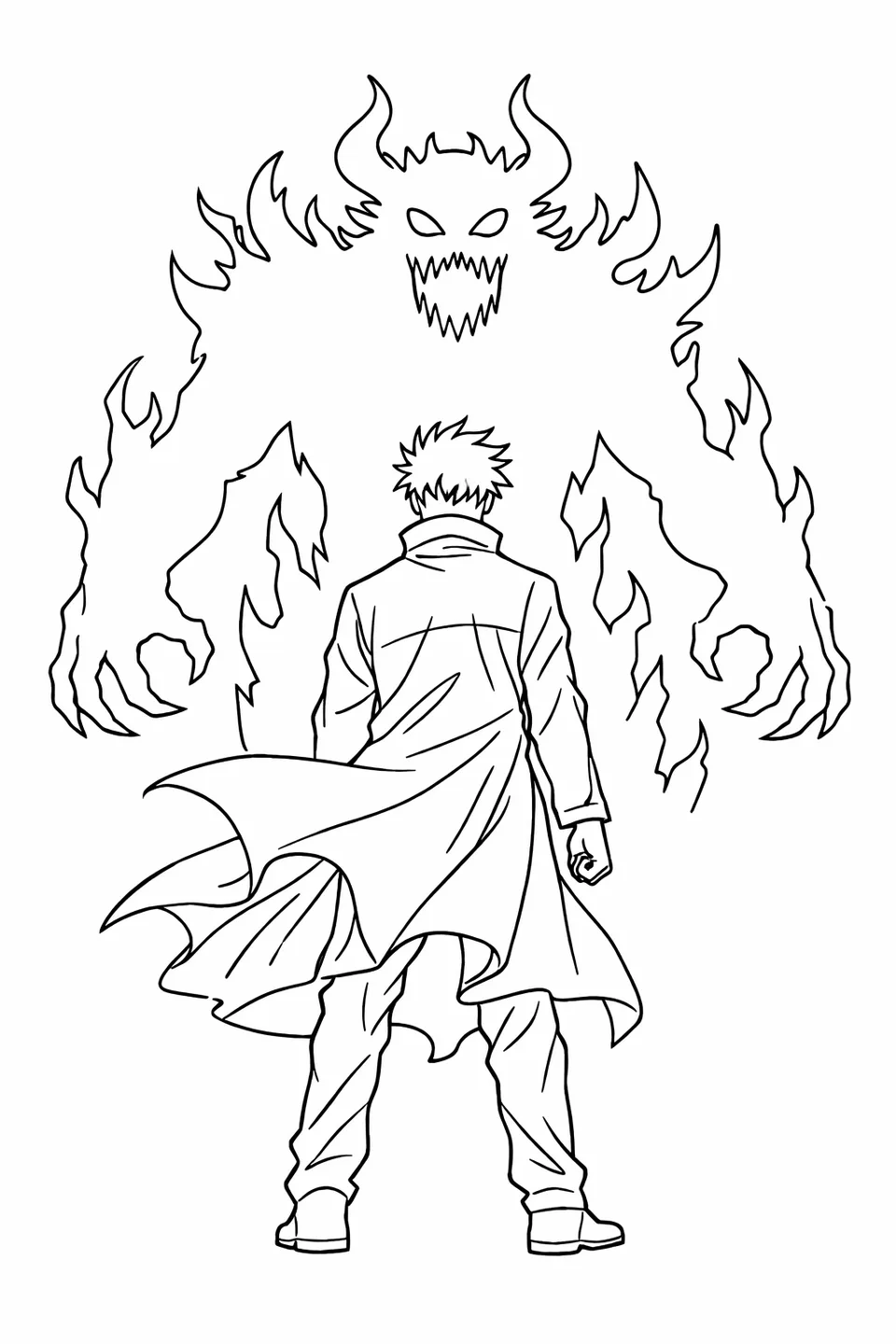 Rear view of Gojo Satoru in a flowing cloak facing a massive silhouetted cursed spirit towering in the background