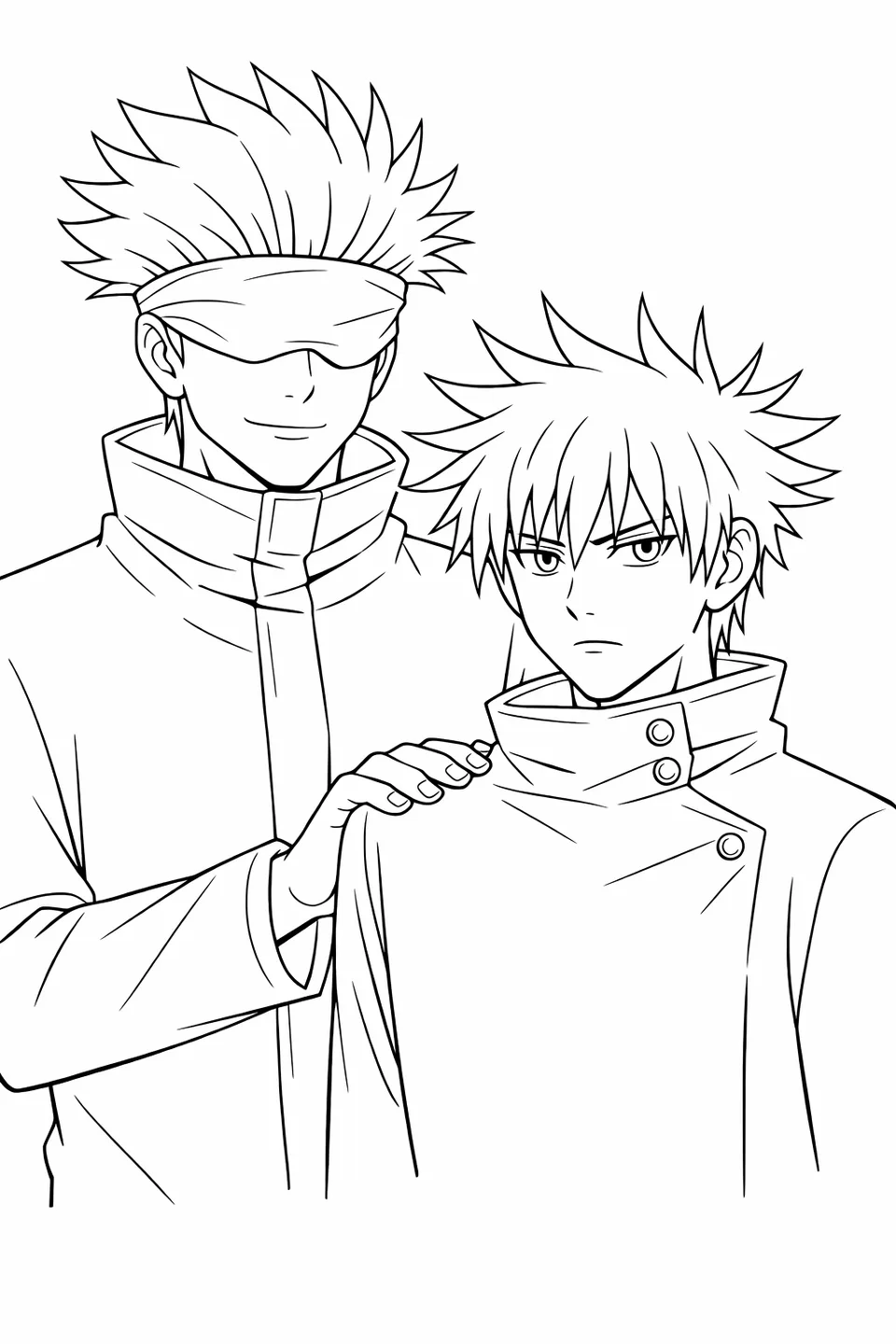 Gojo Satoru and Megumi Fushiguro standing side by side with Gojo's hand resting on Megumi's shoulder