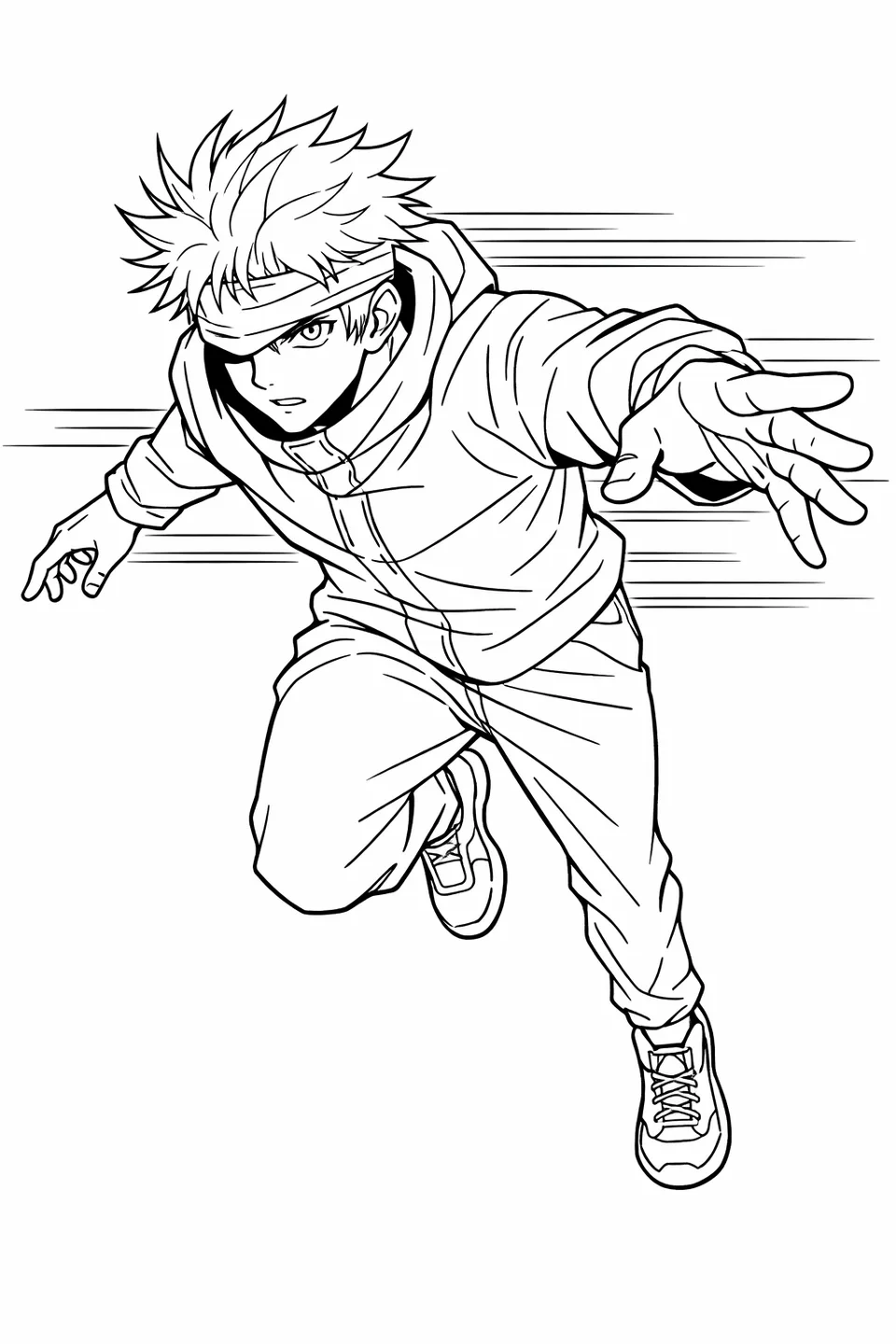 Gojo Satoru in a full sprint with arms extended, blindfold slightly shifted, horizontal speed lines behind him