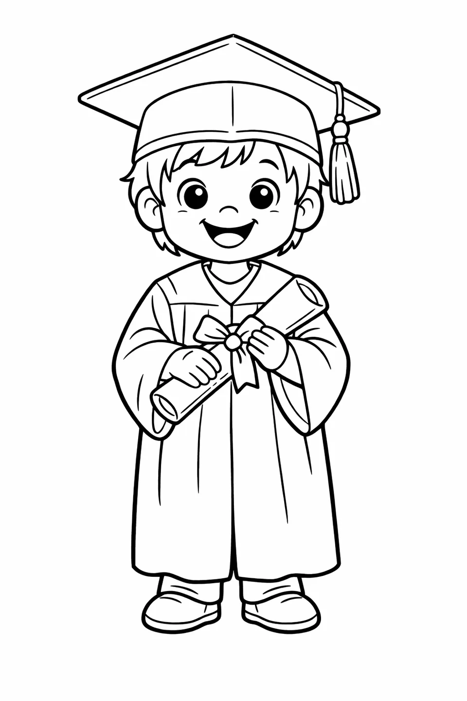 Young child in graduation gown and cap holding a rolled diploma