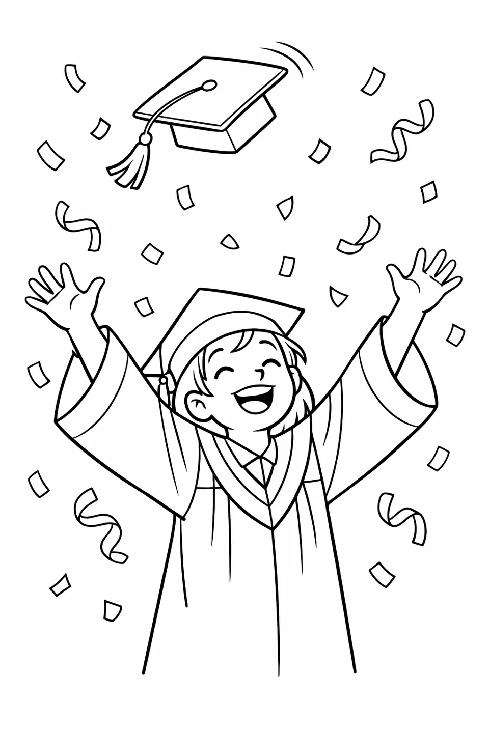 Graduate in cap and gown tossing mortarboard into the air with confetti