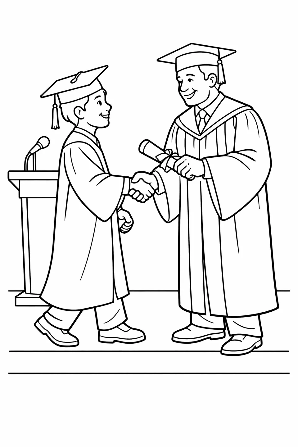Graduate in cap and gown shaking hands with a principal on a stage while receiving a diploma