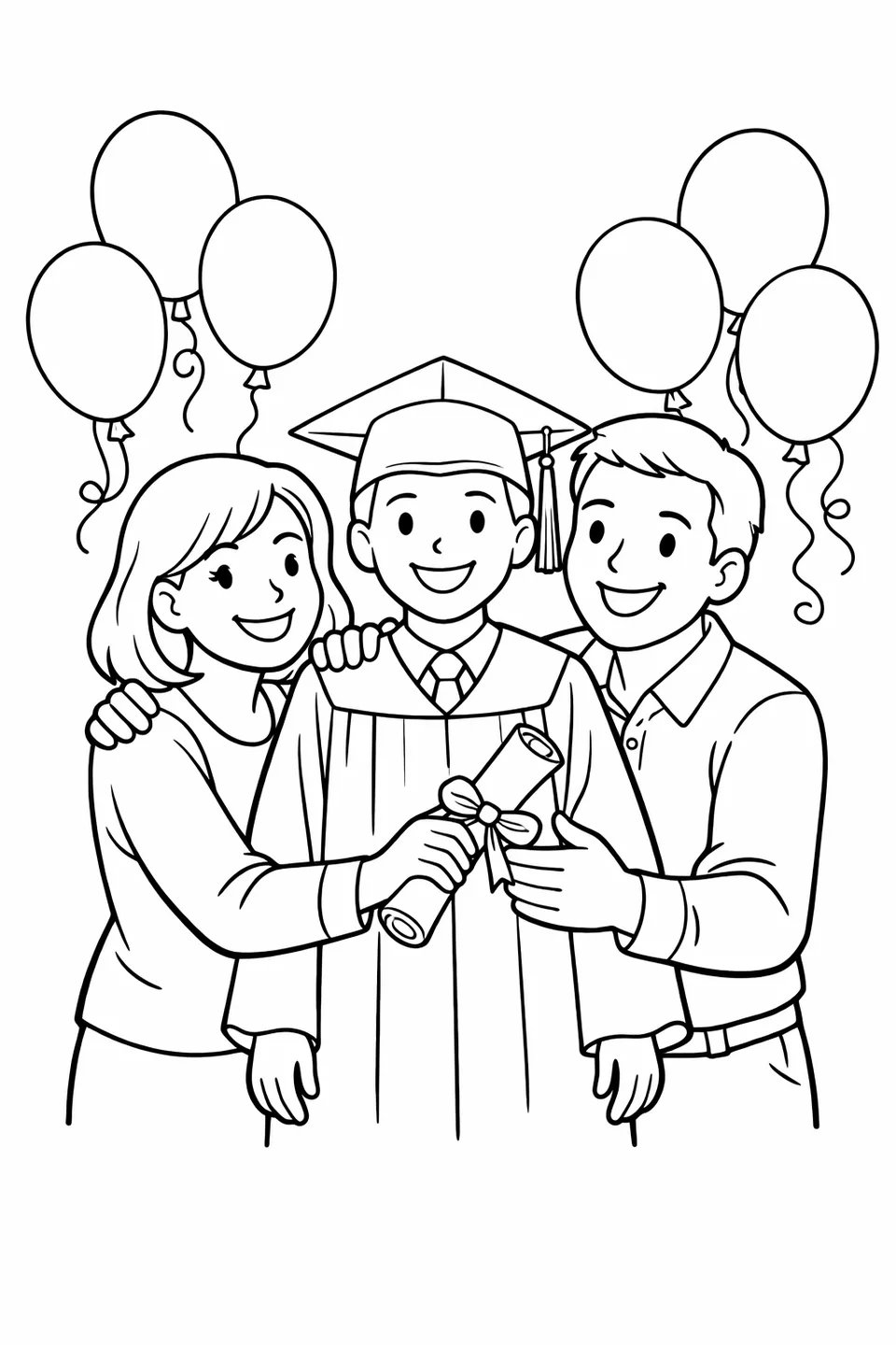 Graduate in cap and gown hugged by two adults while balloons float in the background