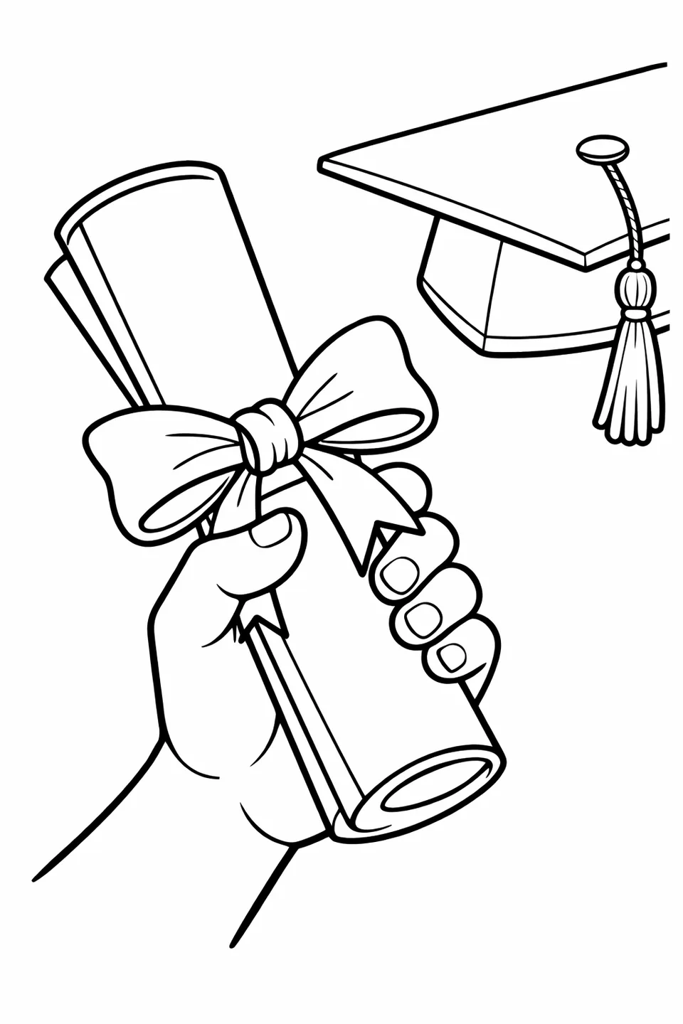Hand holding a rolled diploma tied with a bow with a graduation cap at the edge of the frame