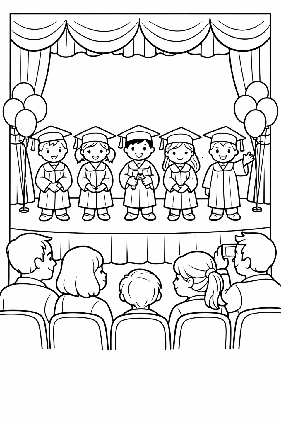 Young children in small graduation caps and gowns standing in a line on a school stage with parents seated in front