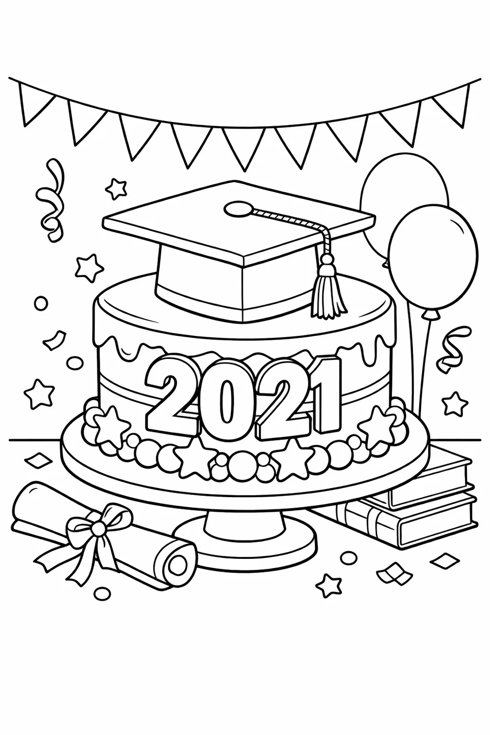 Round graduation cake with a fondant mortarboard topper and graduation year written on the side