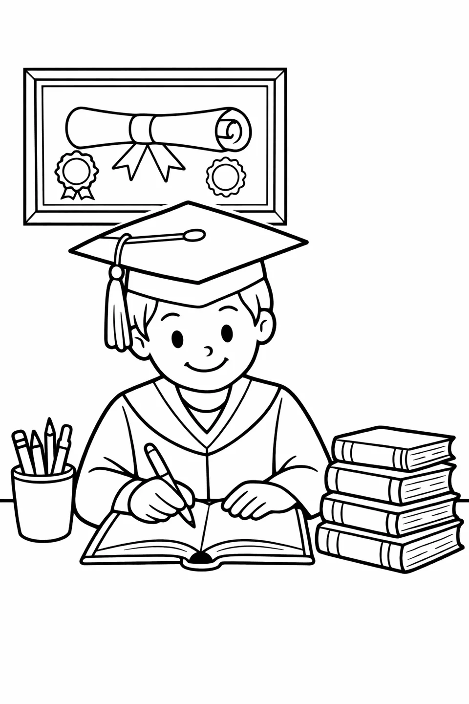 Graduate sitting at a desk writing in a journal with a framed diploma on the wall and textbooks nearby