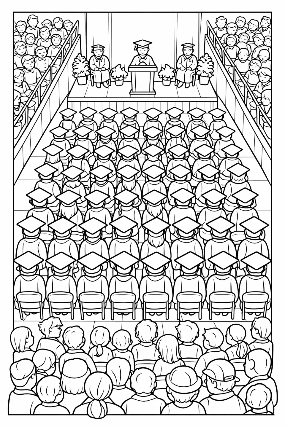 Aerial view of a graduation ceremony with graduates in rows on a gymnasium floor and audience in bleachers on both sides
