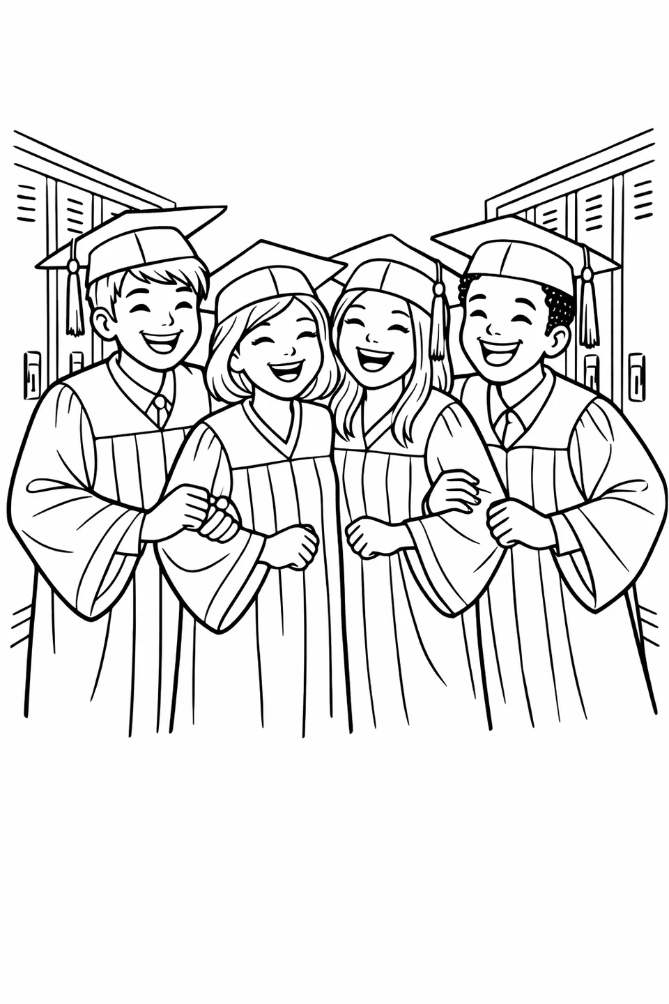 Four graduates in caps and gowns linking arms and laughing in a school hallway with lockers behind them