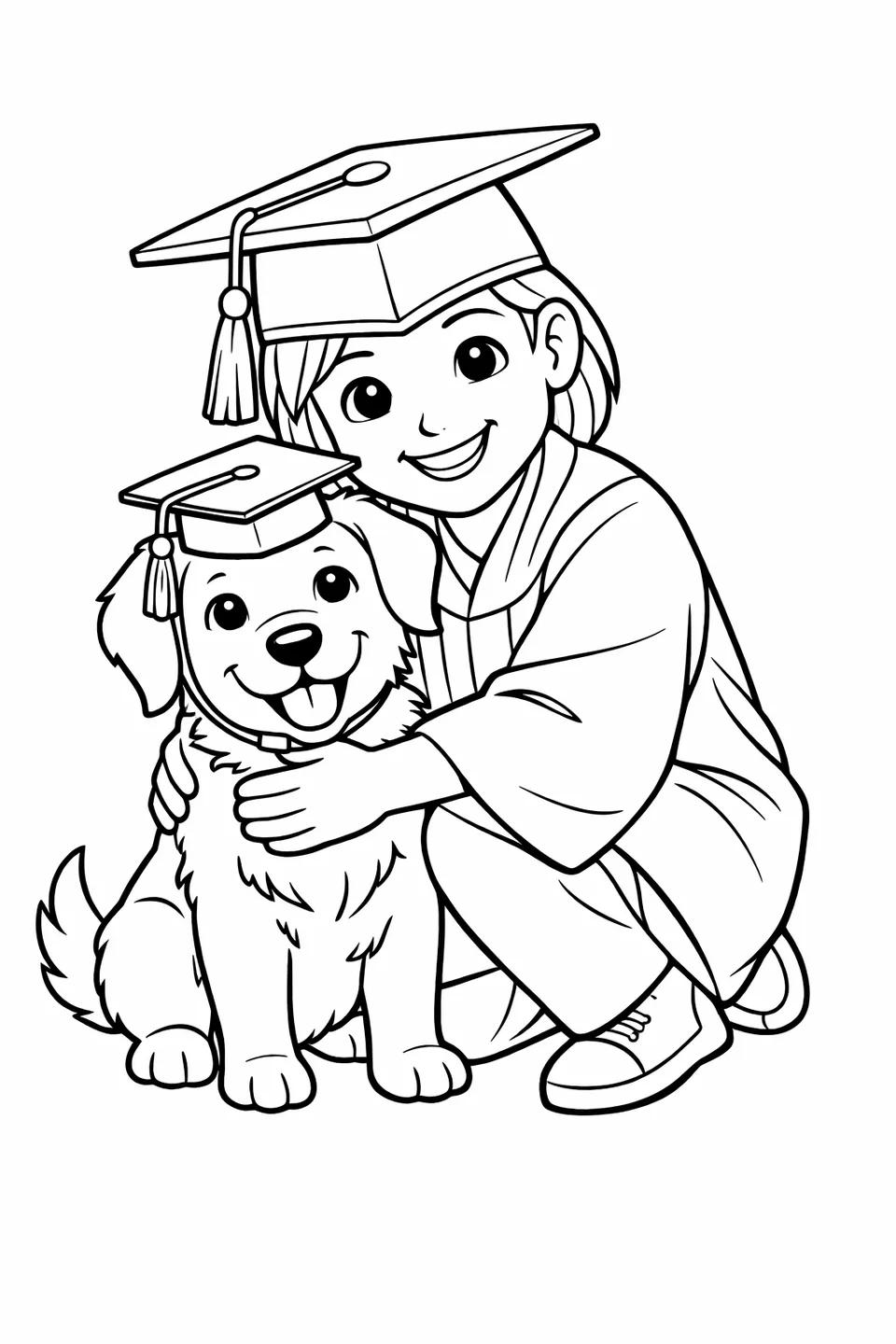 Graduate in cap and gown kneeling to hug a dog wearing a tiny mortarboard on its head