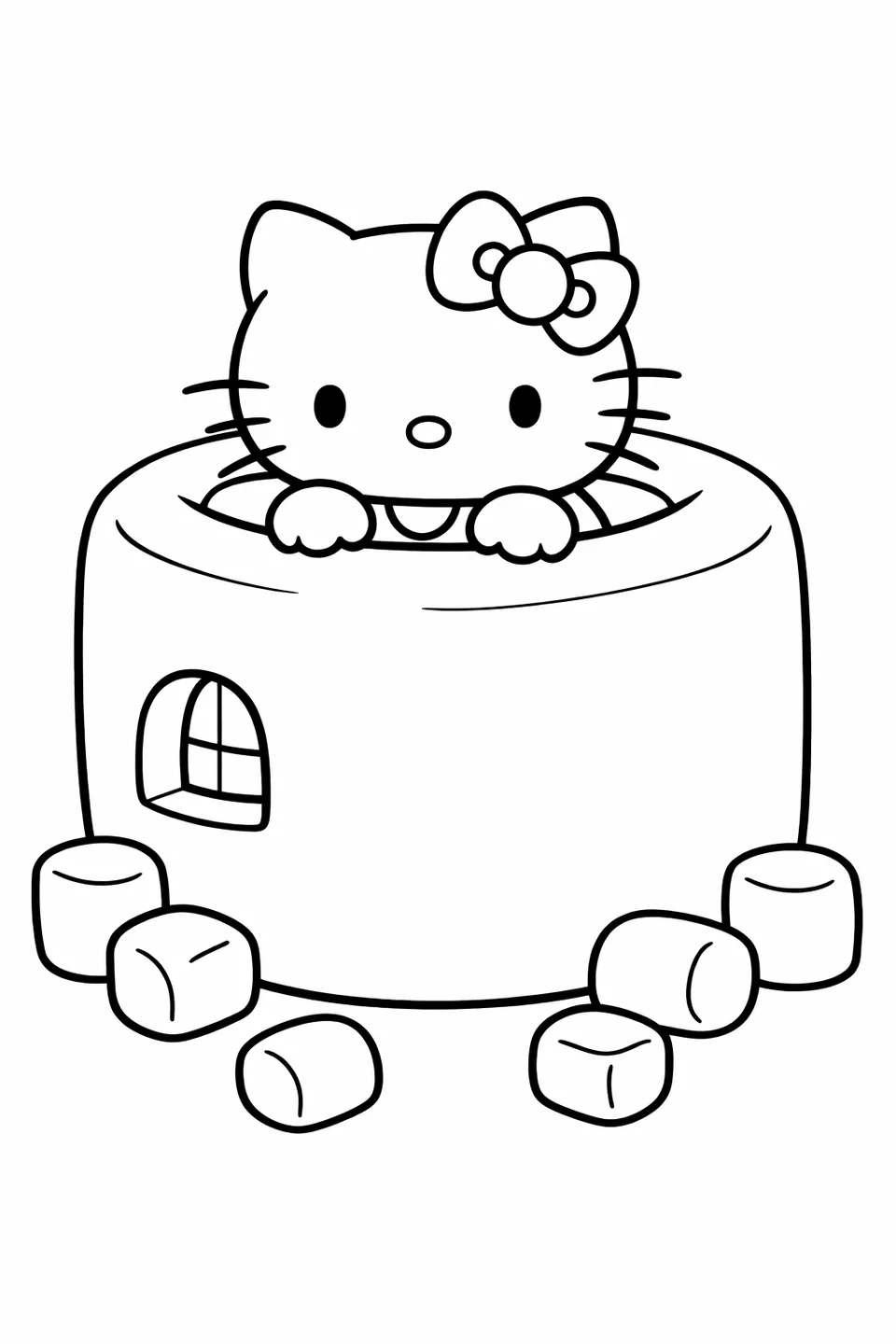 Hello Kitty sitting inside a hollow cube-shaped marshmallow with a window cutout and small marshmallows on the ground around it