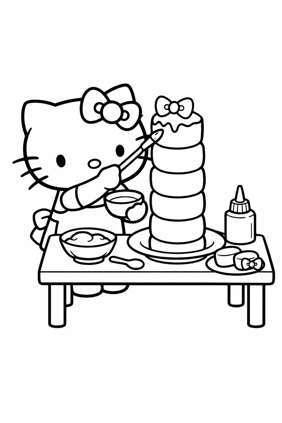 Hello Kitty holding a paintbrush near a tall stack of marshmallows with a bow on top and a frosting bowl on the table beside her