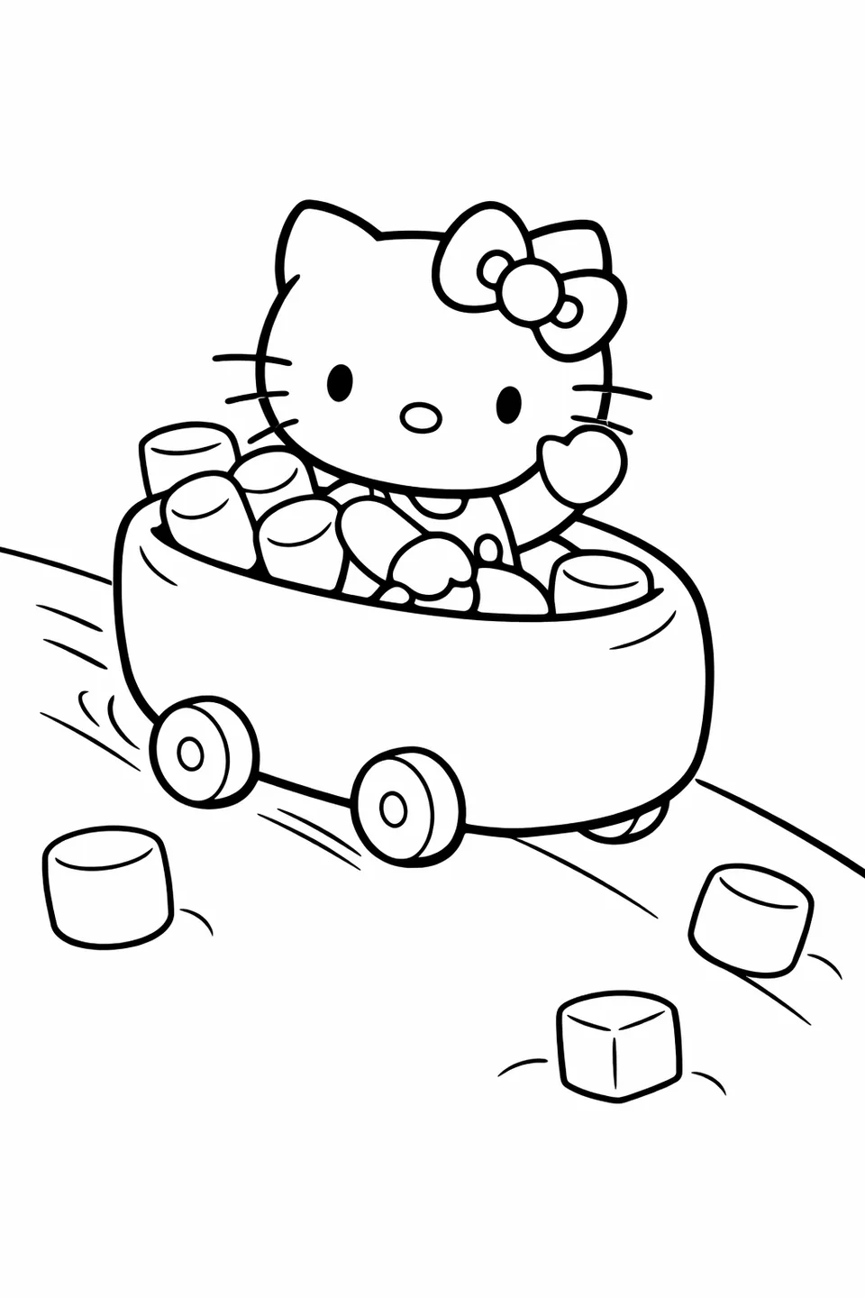 Hello Kitty seated in a rounded marshmallow cart with four wheels rolling down a small hill with one arm raised