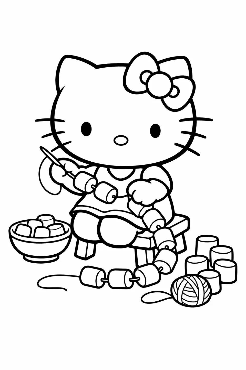 Hello Kitty sitting on a stool with a needle and thread stringing marshmallows into a curved garland