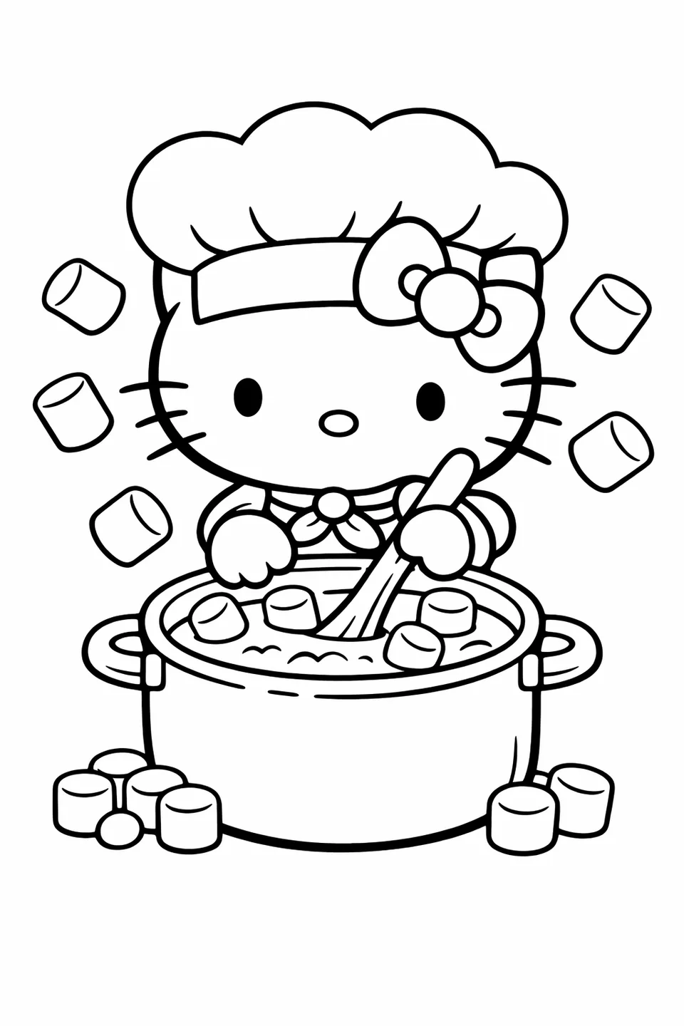 Hello Kitty wearing a chef hat and stirring a large pot with marshmallows floating up from it