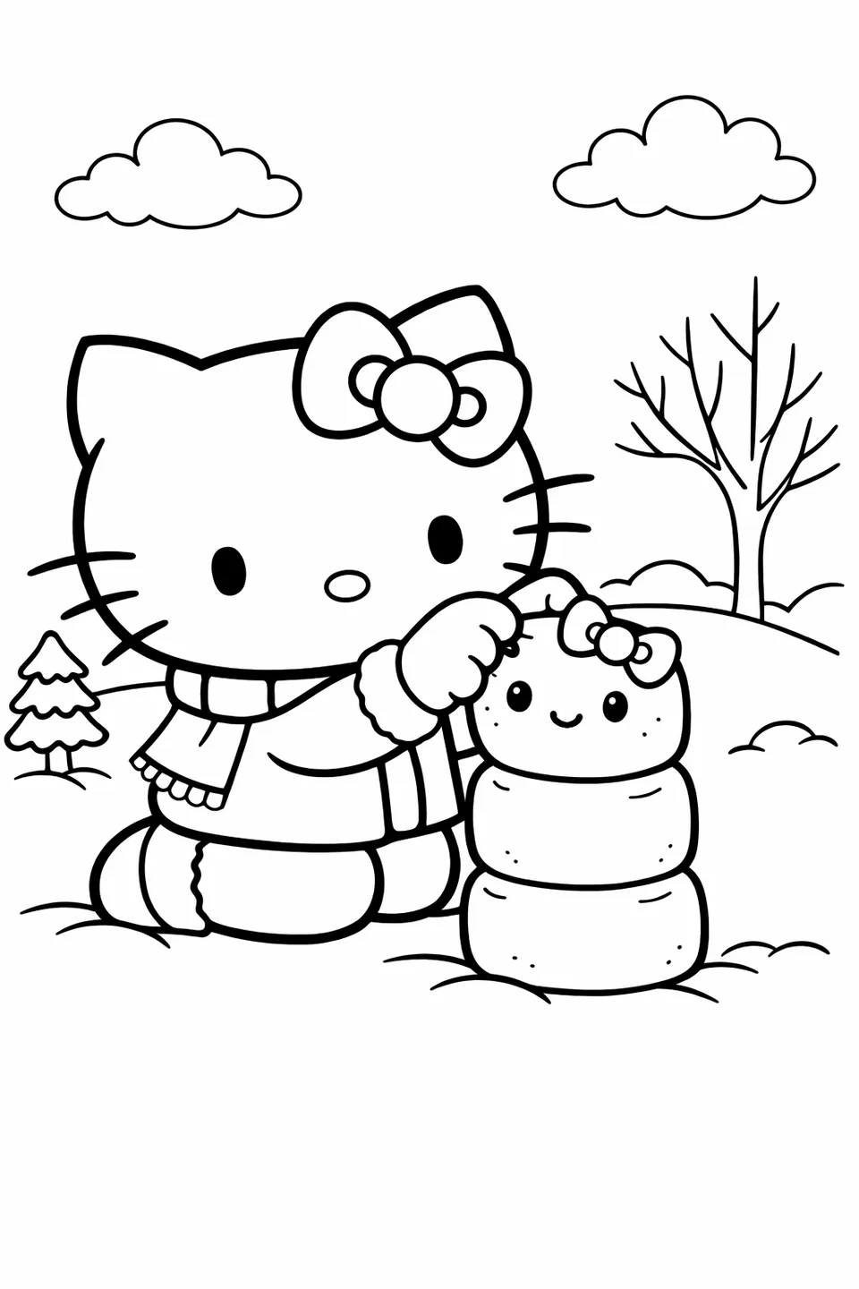 Hello Kitty pressing button eyes onto the top piece of a three-stacked marshmallow figure with a tiny bow attached