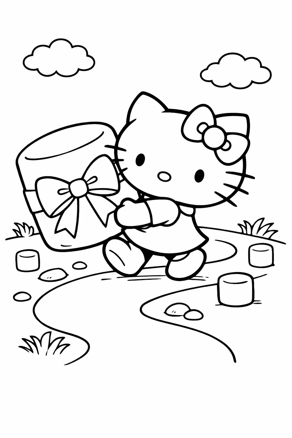 Hello Kitty walking while hugging a large ribbon-wrapped marshmallow nearly as tall as she is