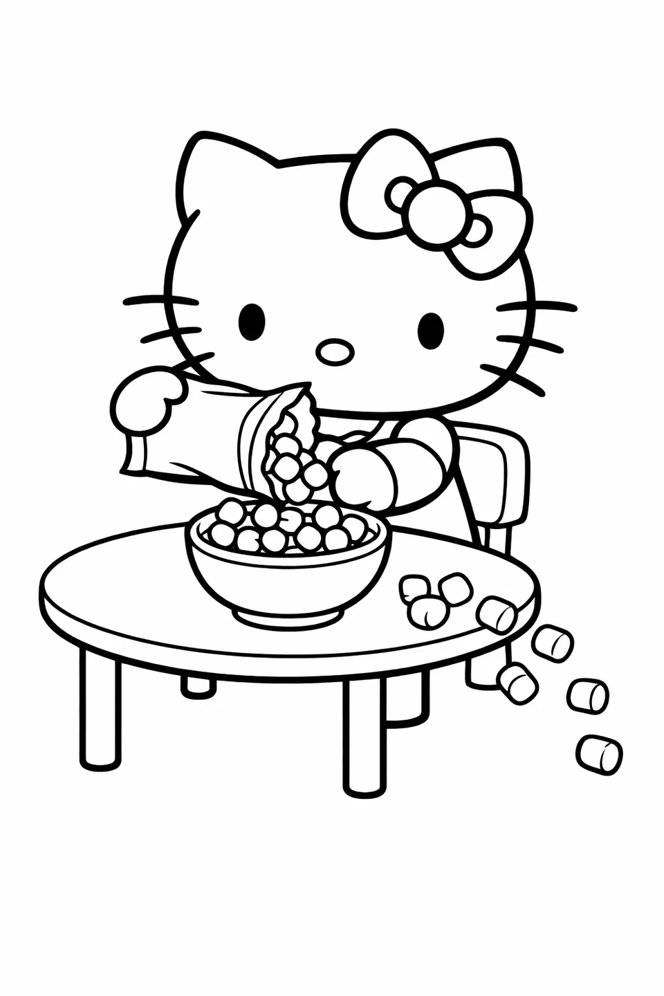 Hello Kitty pouring mini marshmallows from a bag into a bowl at a small table with a few bouncing off the edge