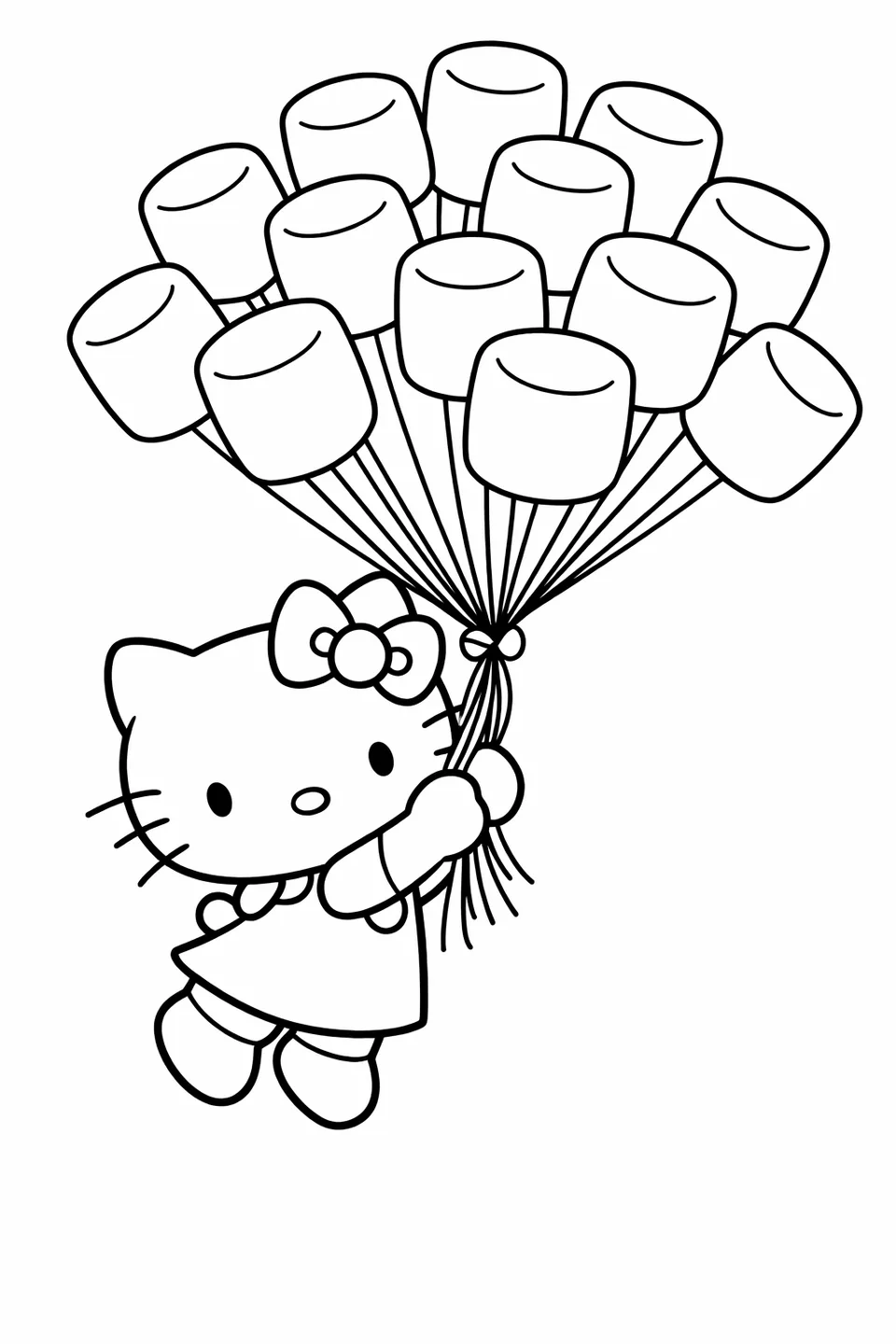 Hello Kitty holding strings attached to a cluster of marshmallow-shaped balloons as her feet lift off the ground