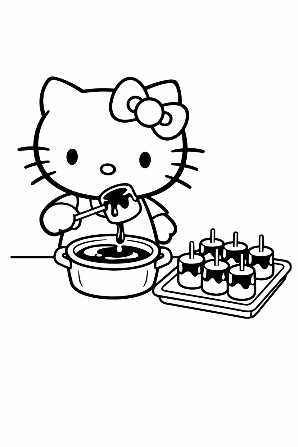Hello Kitty dipping a marshmallow on a stick into a chocolate pot with a drip falling and a tray of dipped marshmallows nearby