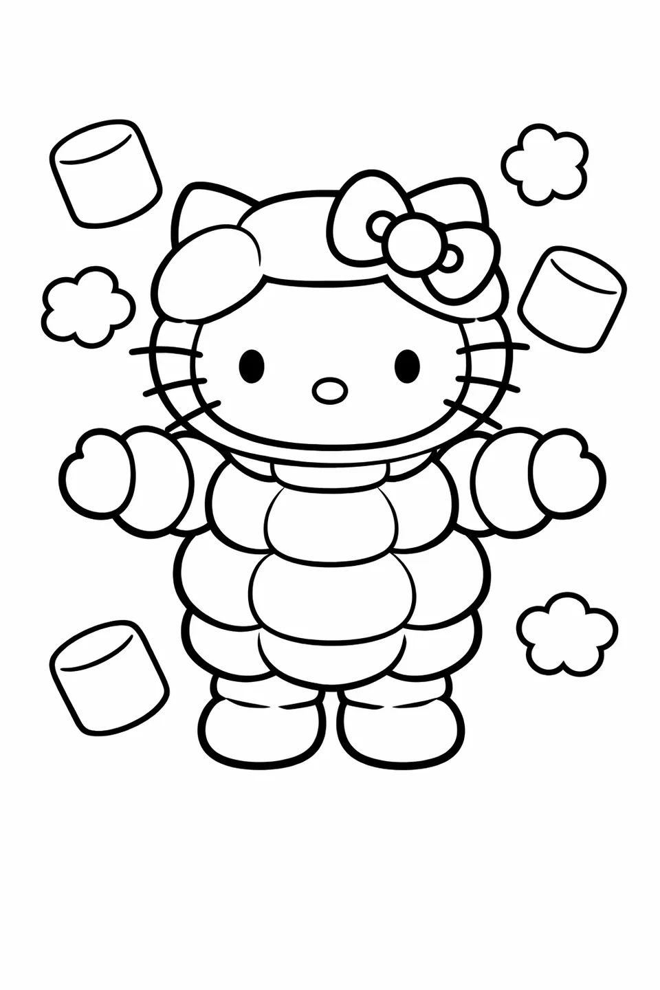 Hello Kitty standing with arms out wide wearing a round puffy white marshmallow costume with her bow on top