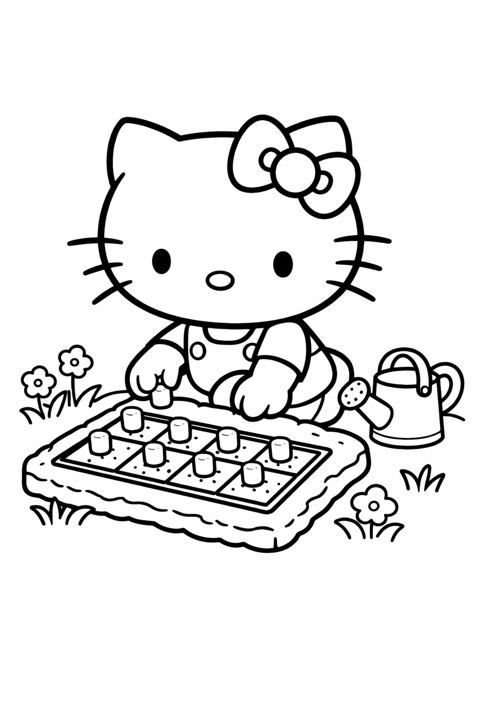 Hello Kitty kneeling beside a small grid garden bed pressing mini marshmallows into the soil with a watering can nearby
