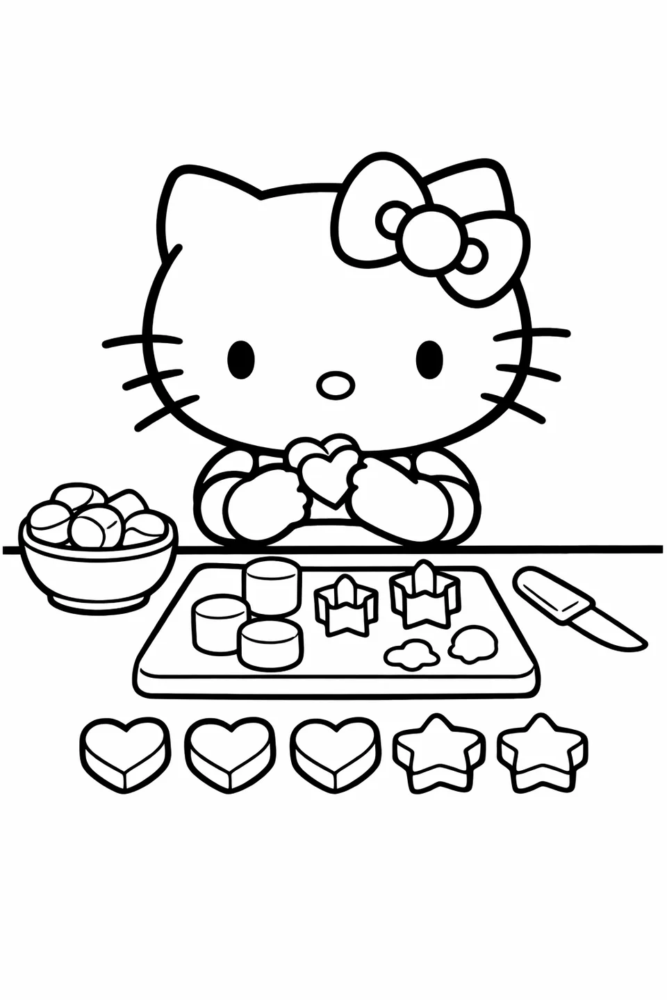Hello Kitty using cookie cutters on marshmallows at a table with a row of heart and star shaped marshmallow cutouts in front of her