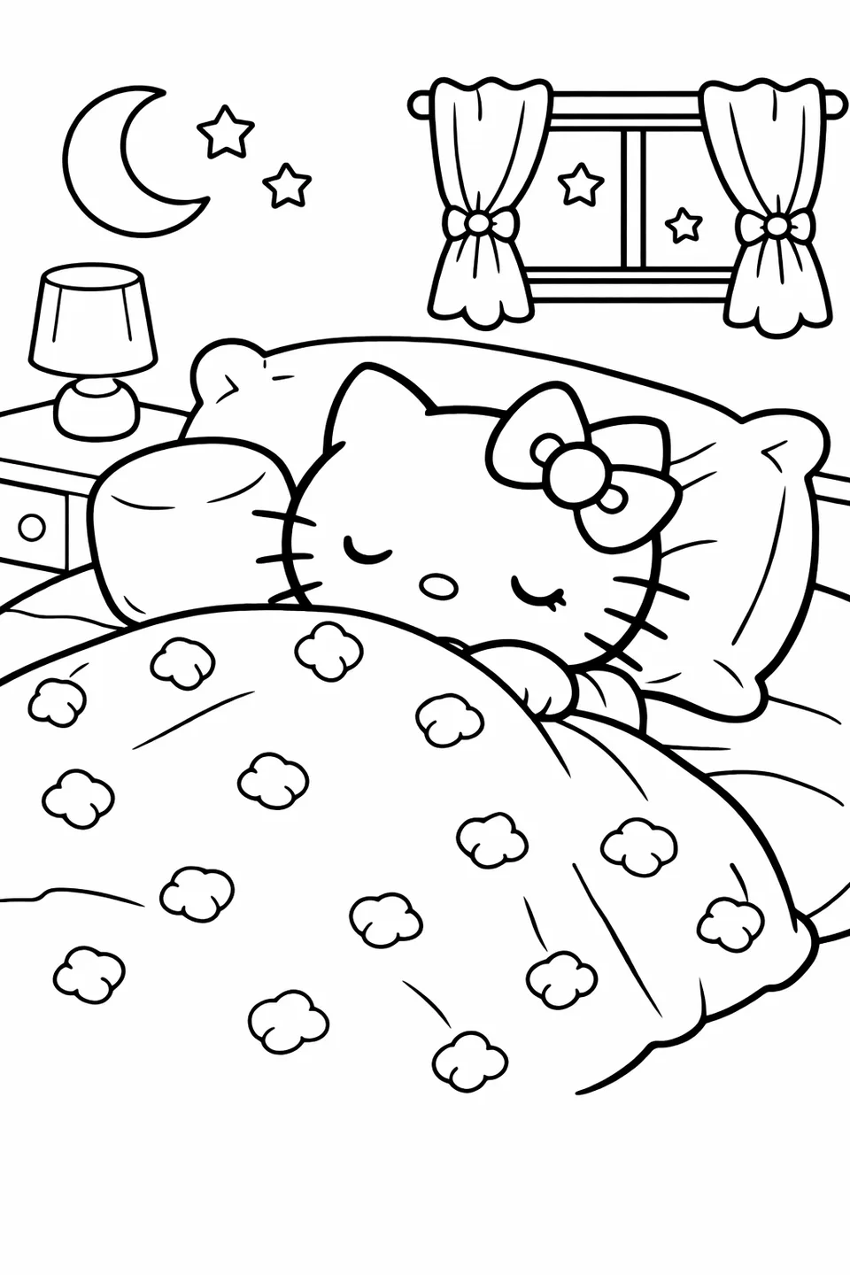 Hello Kitty sleeping under a marshmallow-patterned blanket in a bed with a large marshmallow on the pillow beside her