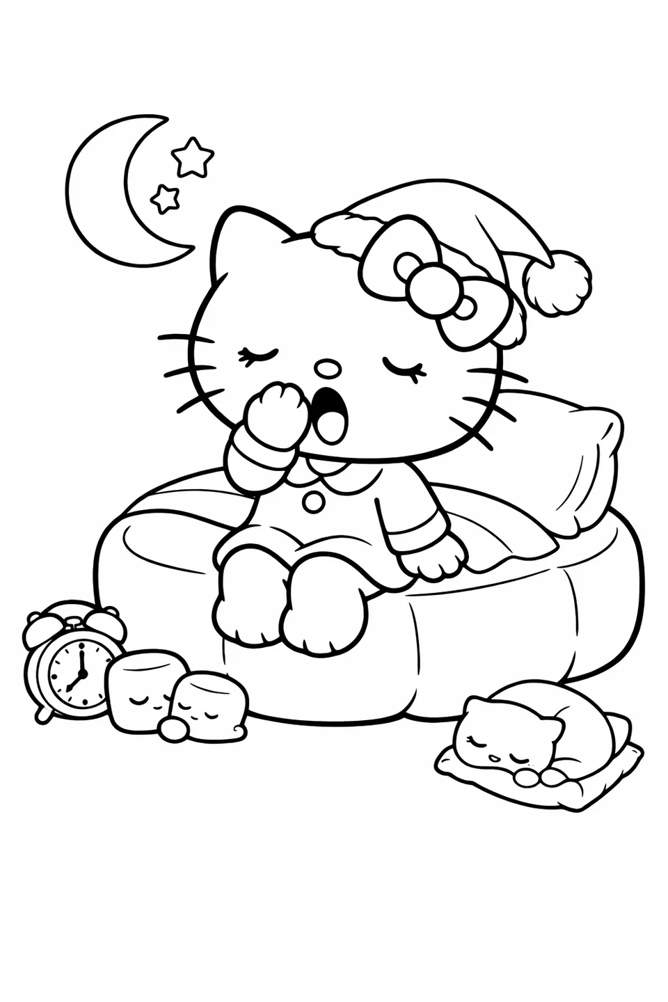 Hello Kitty yawning on the edge of a marshmallow-shaped bed wearing a nightcap with a marshmallow pom-pom on top