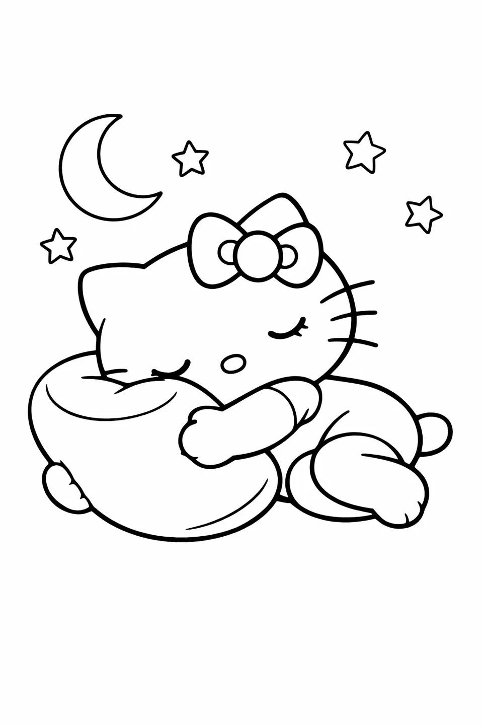 Hello Kitty lying on her side hugging a large marshmallow with eyes closed and a crescent moon and stars in the background