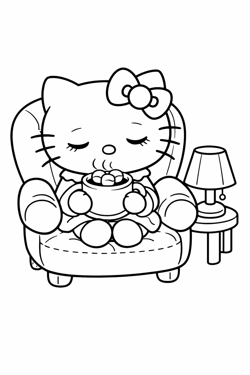 Hello Kitty sitting in an armchair with sleepy eyes holding a mug topped with three marshmallows beside a glowing lamp