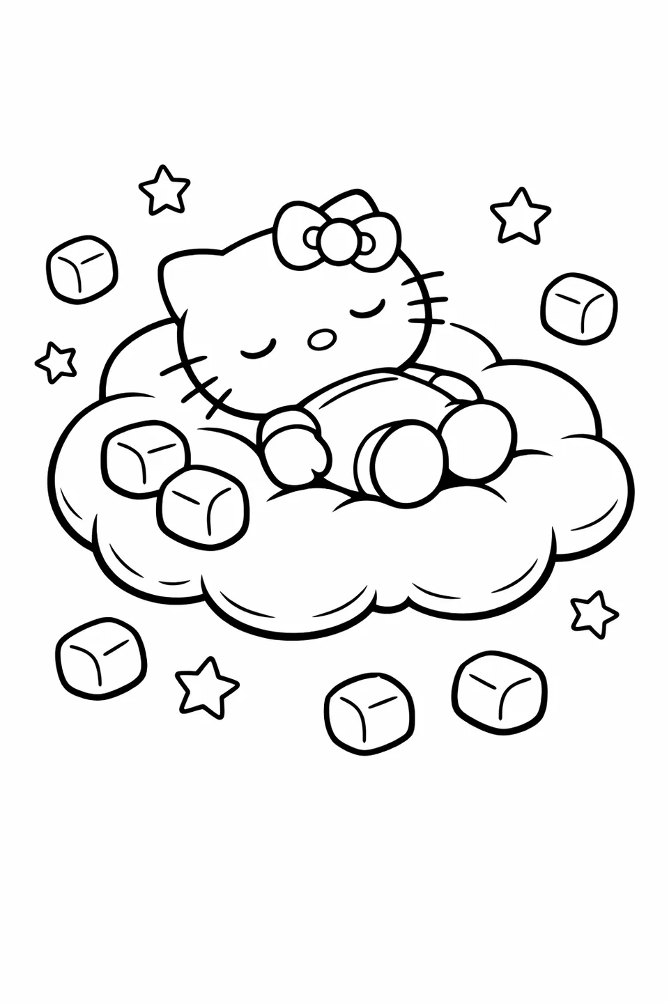 Hello Kitty sleeping on a cloud-shaped marshmallow floating in a night sky with small marshmallows and stars around her