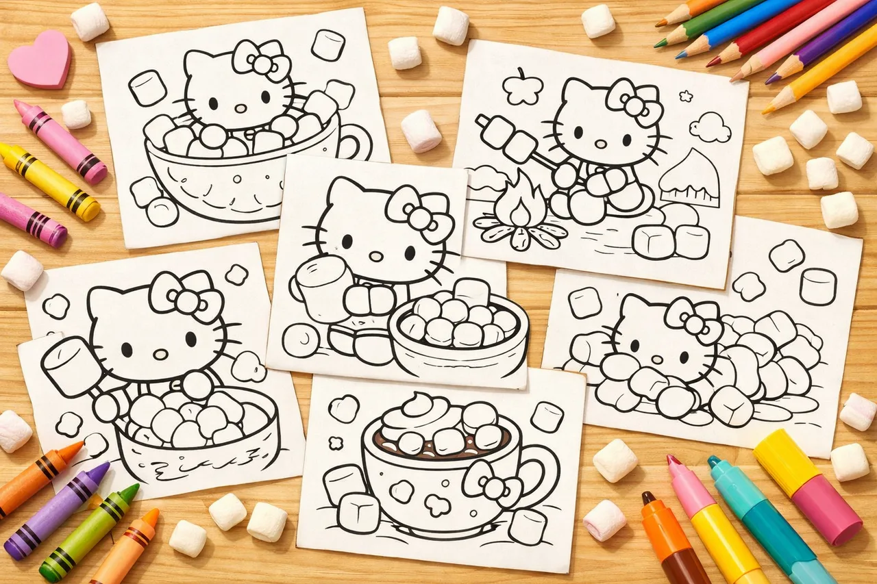 Hello Kitty With Marshmallows coloring pages cover collage