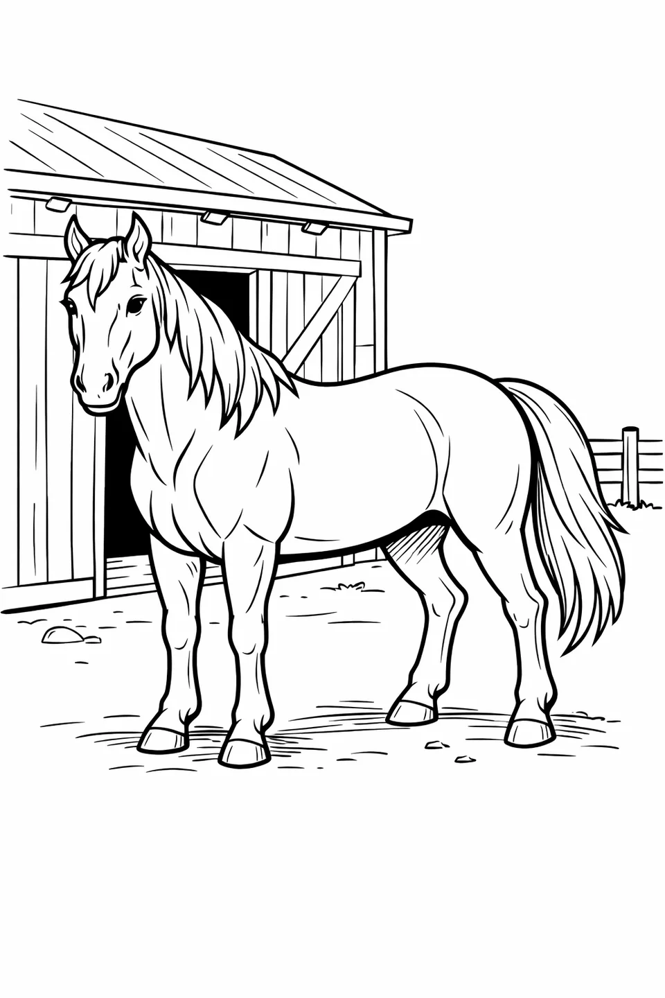 扉が半分開いた木造の納屋のそばに立っている馬、近くに柵がある