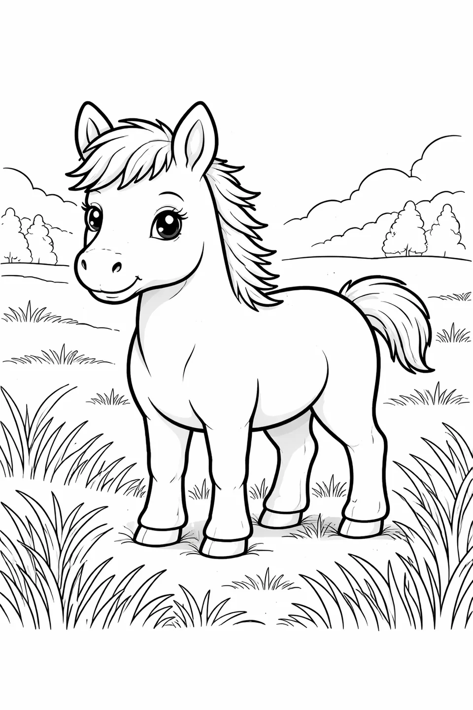 短い足と丸いお腹の子馬が草むらに立っている