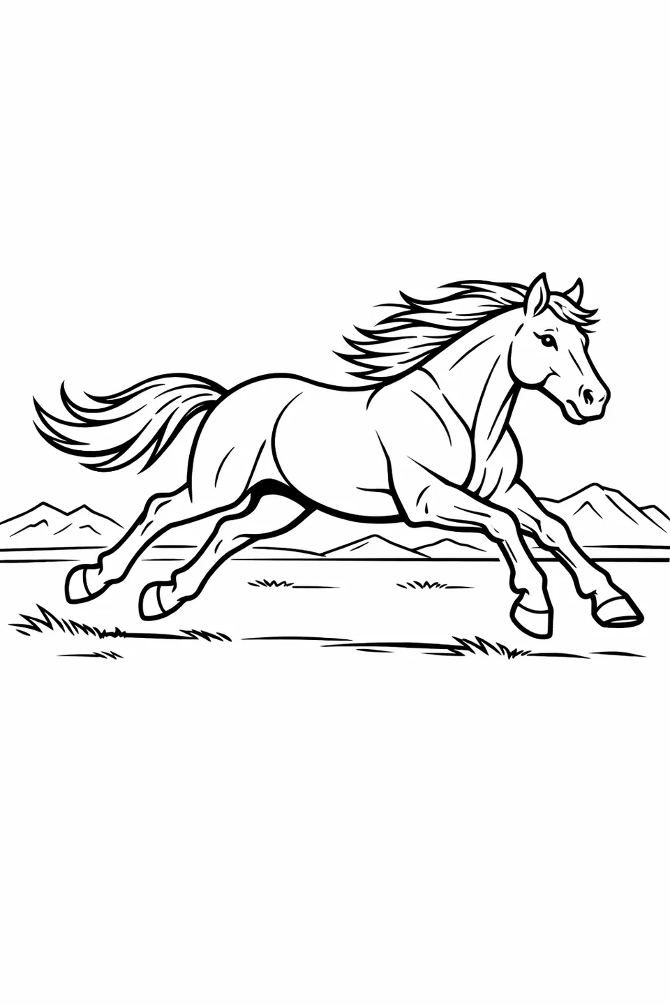 足を開いて疾走する馬、たてがみをなびかせ、背景に山々がある