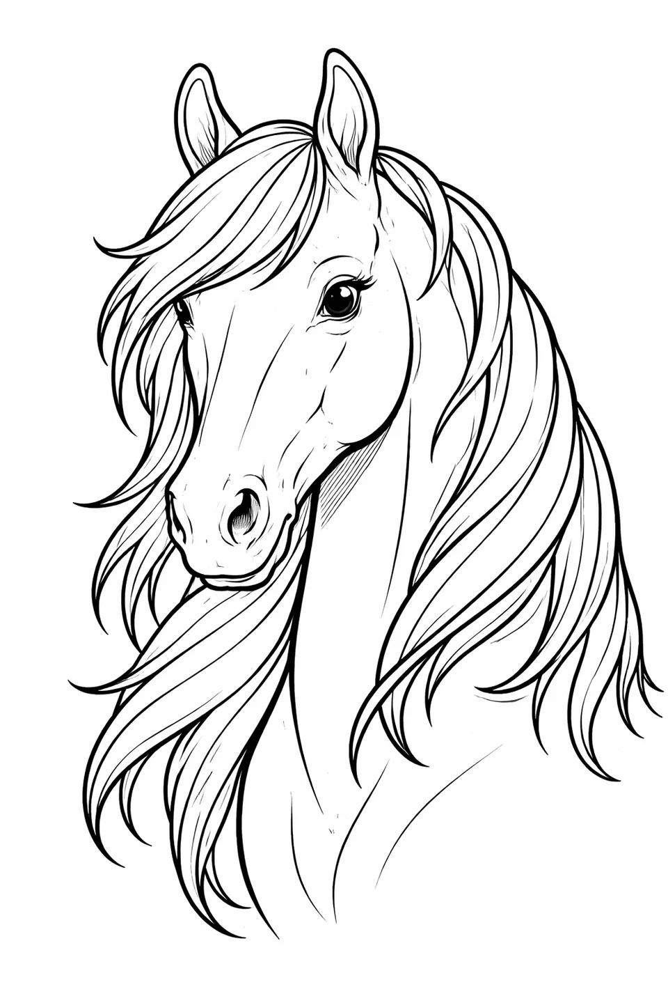 馬の顔と首のクローズアップ、大きな目、広い鼻孔、流れるようなたてがみ