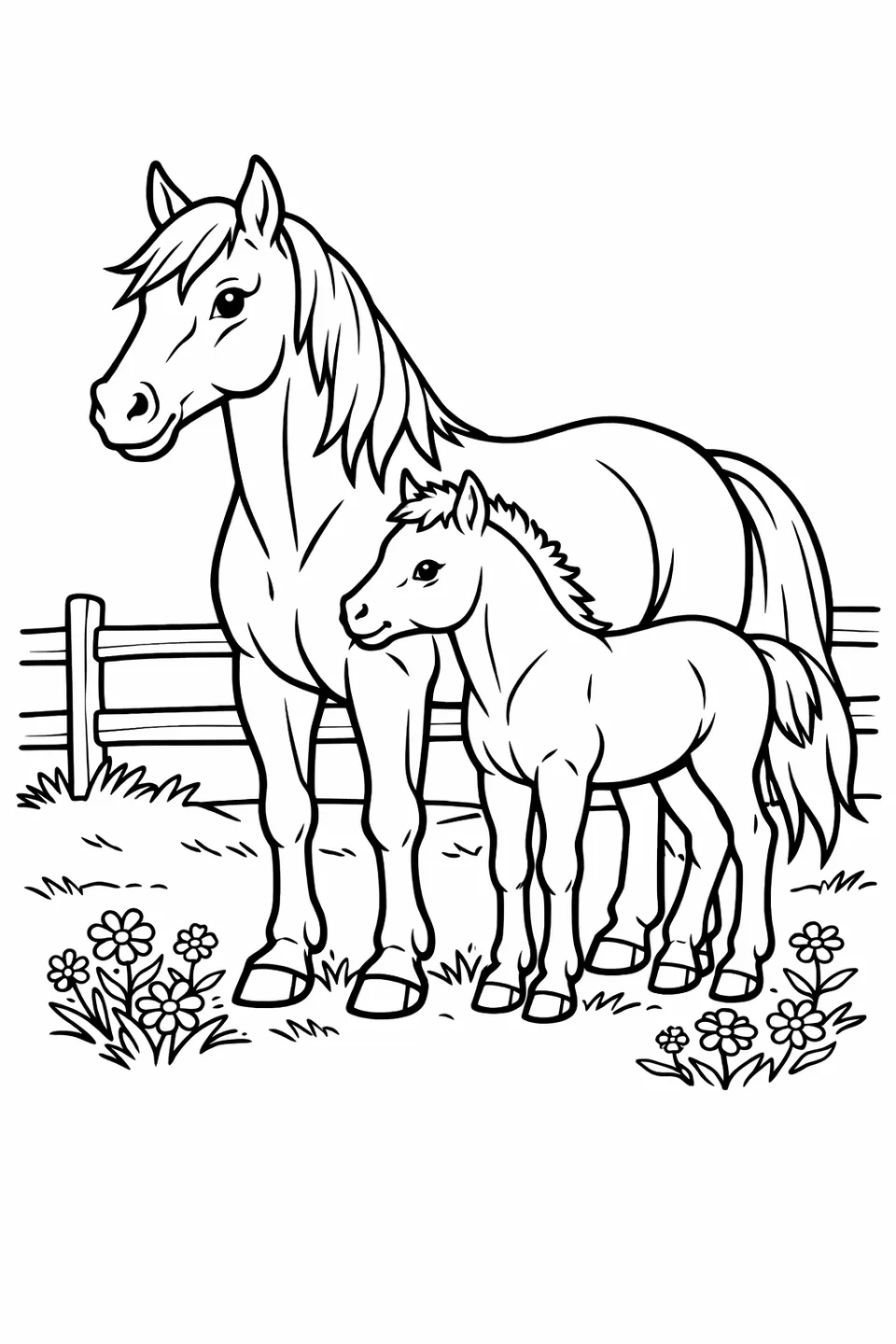 親子馬が草地で木柵を背にして寄り添って立っています