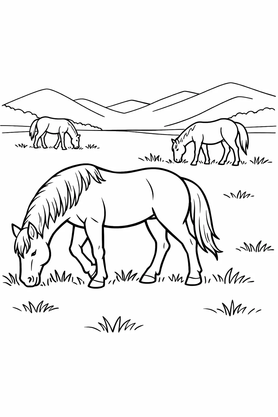 丘陵地で草を食む3頭の馬、頭を下げ、背景には丘が見える