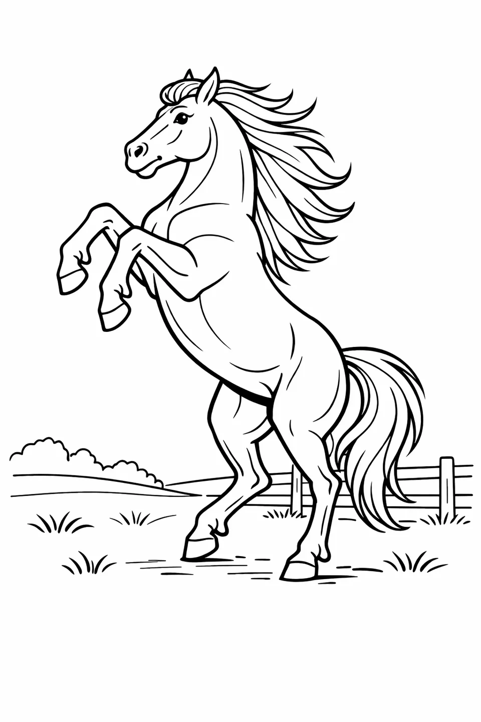 野原で後ろ足で立ち上がり、前足を高く上げてたてがみをなびかせる馬