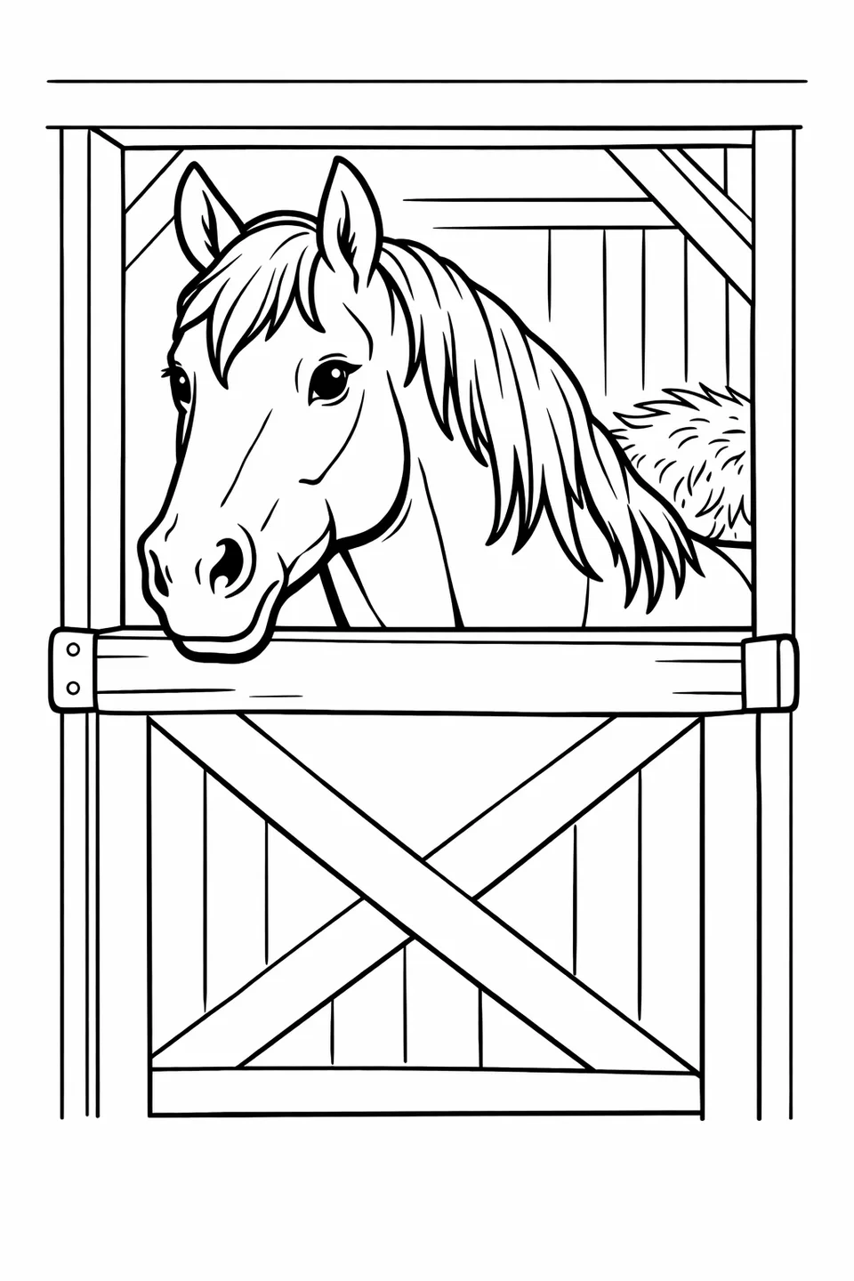 馬が干し草と馬房の内部を背景に、半開きになった馬房のドア越しに様子をうかがっています