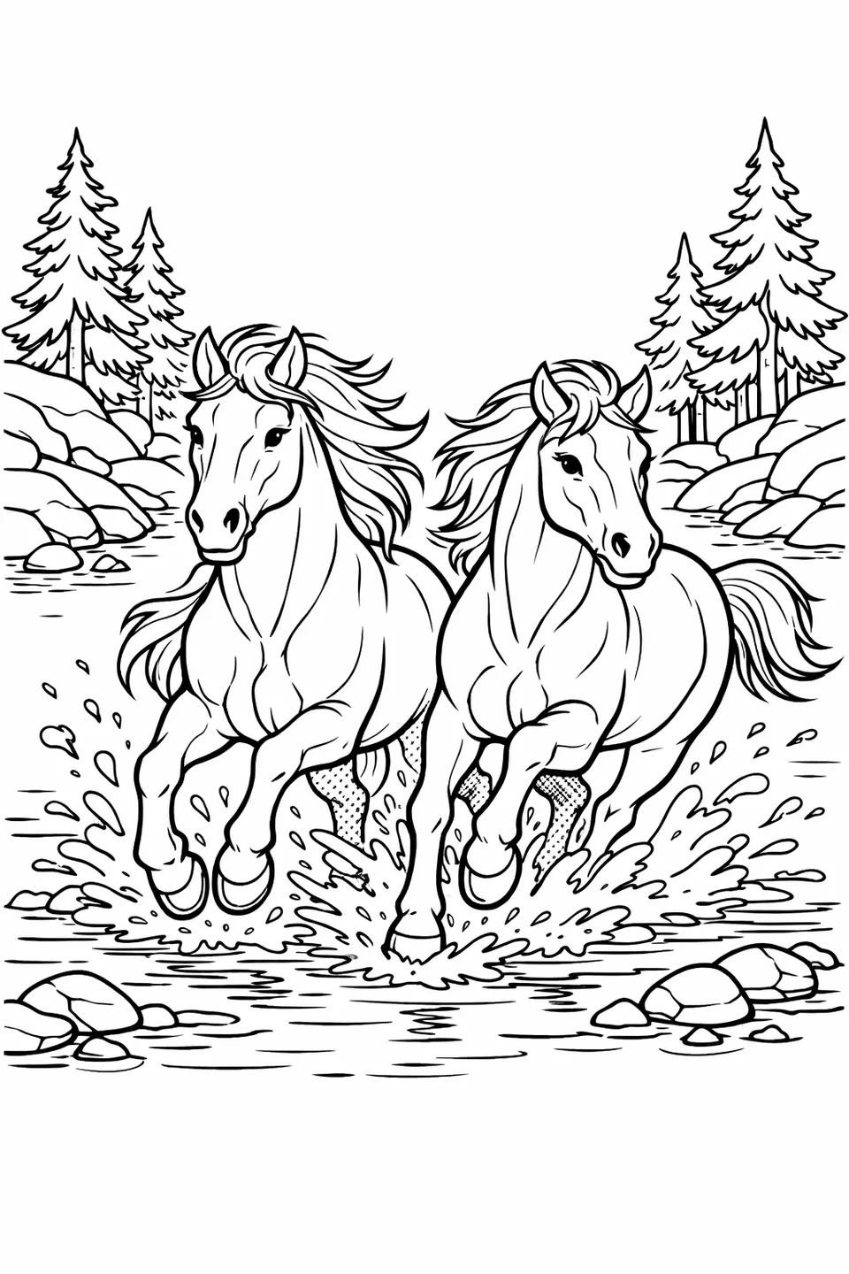 2頭の馬が浅い川を並んで走り、ひづめから水しぶきを上げ、岸辺には松の木が見える