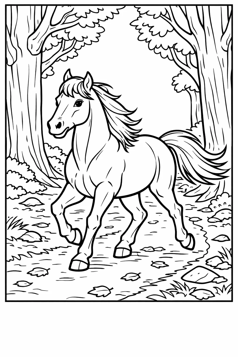 大きな木の幹が両側にある森の中の土の道を歩く馬