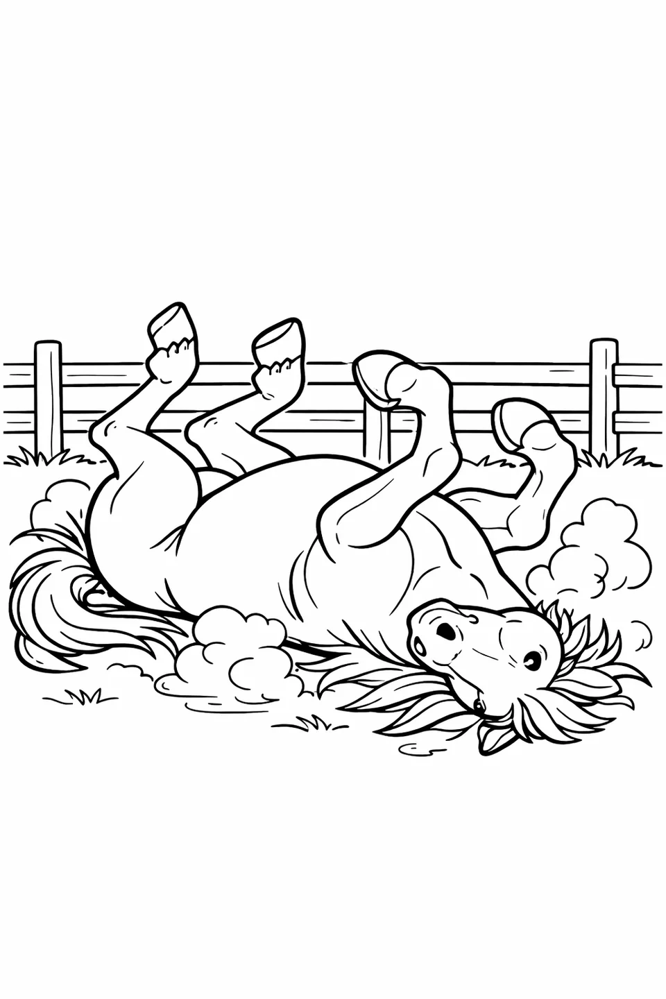 土の馬場で仰向けに転がり、足を空中に上げた馬、後ろには木の柵がある