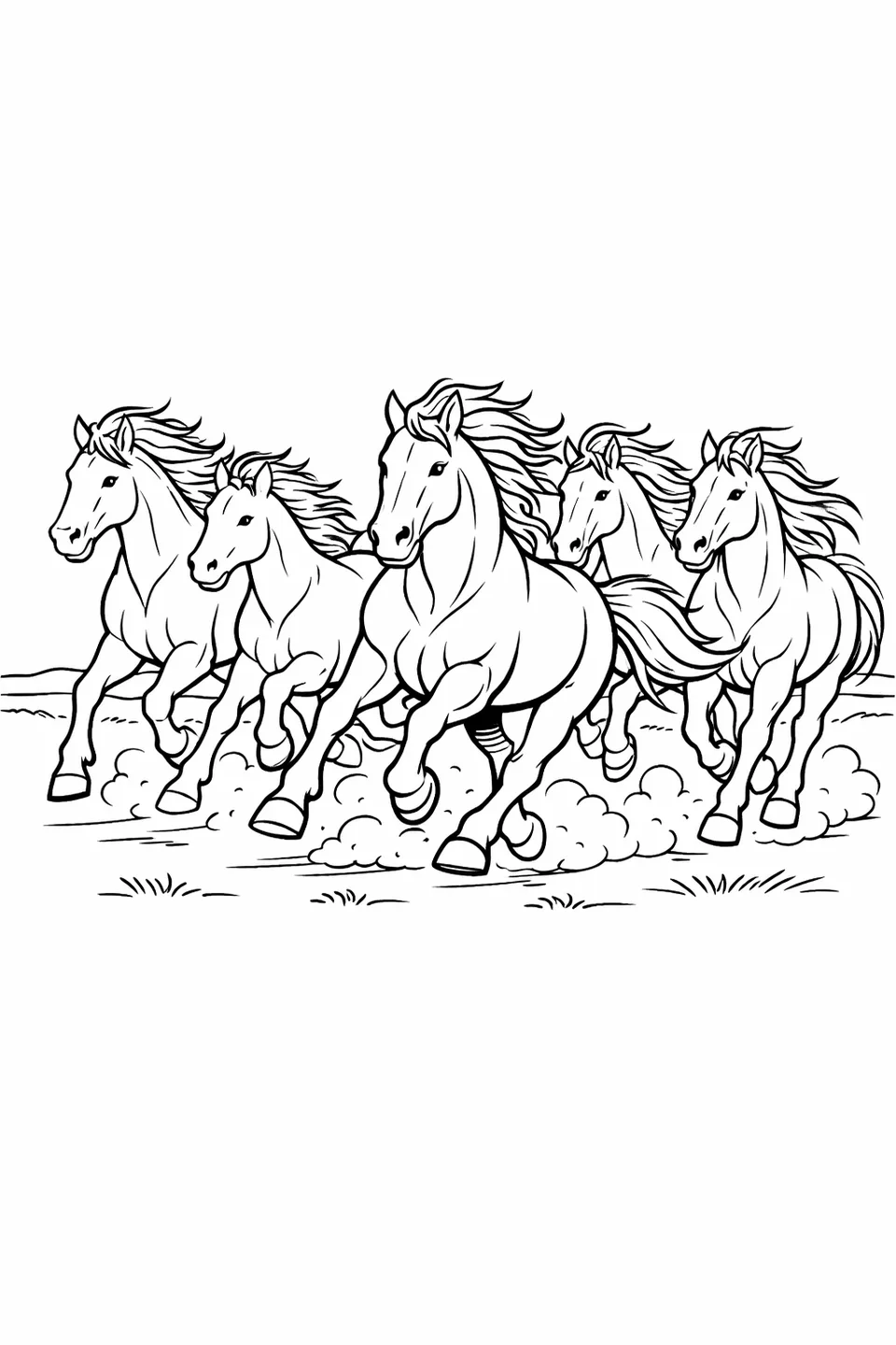 5頭の馬が野原を疾走し、蹄の下から土煙が舞い上がっている