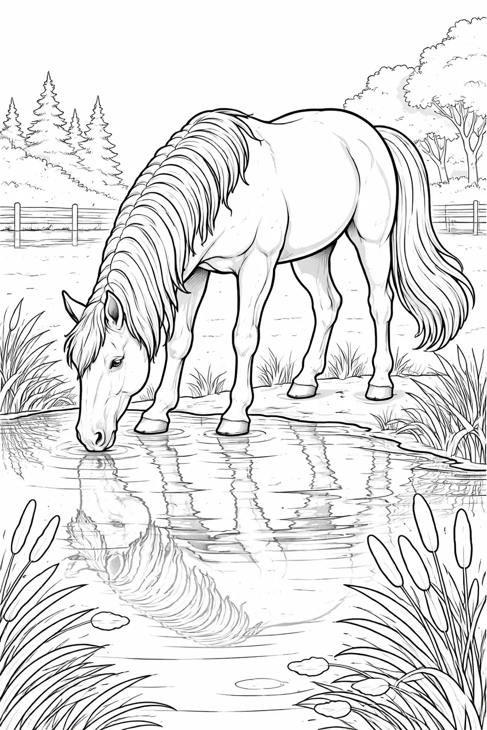 水辺で水を飲む馬、水面には馬の姿が映り、岸辺にはガマが茂っている