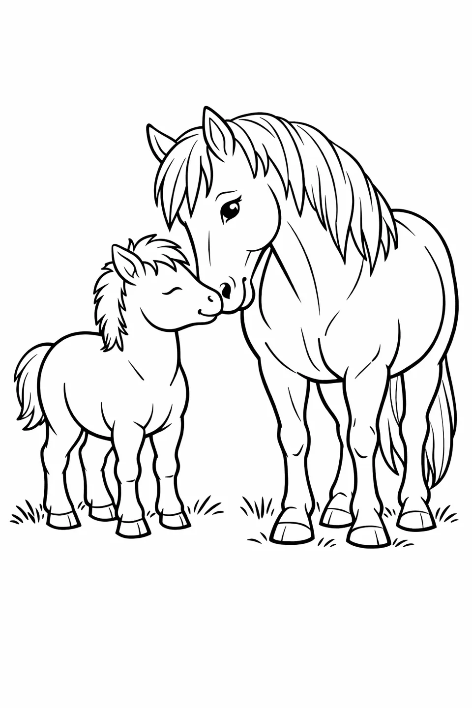 草地で母馬に鼻を寄せる子馬