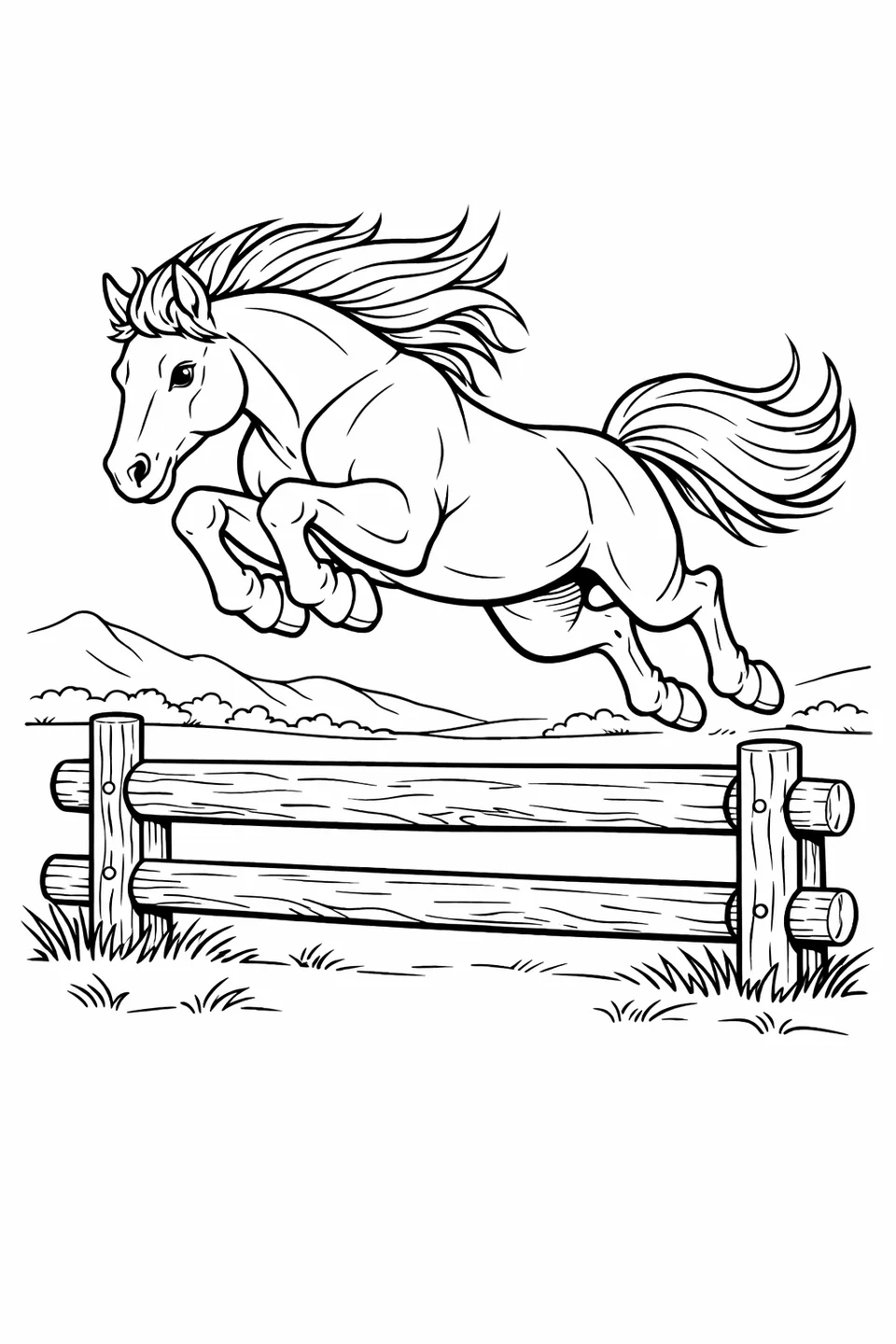 前足をたたんで木製丸太の柵を跳び越える馬、後ろには牧草地が見える