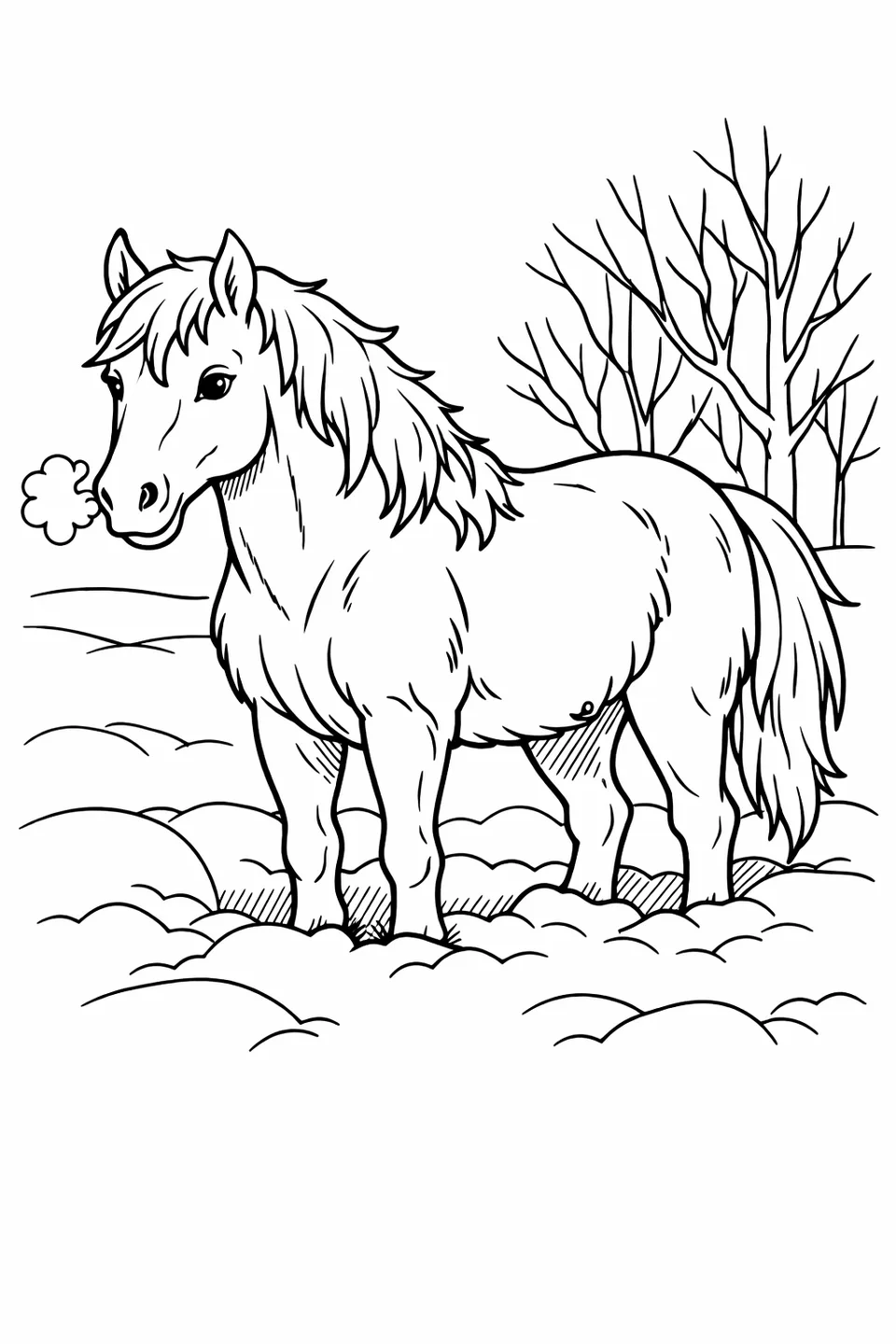 深い雪の中に立ち、息が白く見える馬と、背景には葉のない冬の木々