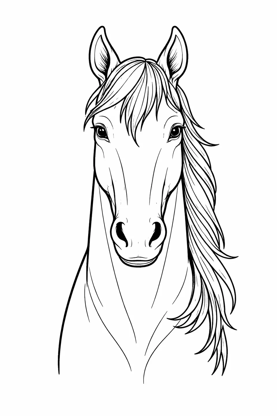 正面を向いた馬、大きな瞳と間から垂れるたてがみ、ピンと立った耳